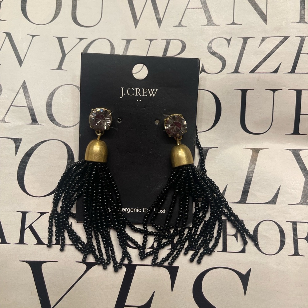 J. Crew Black and Gold Beaded Tassel Earrings